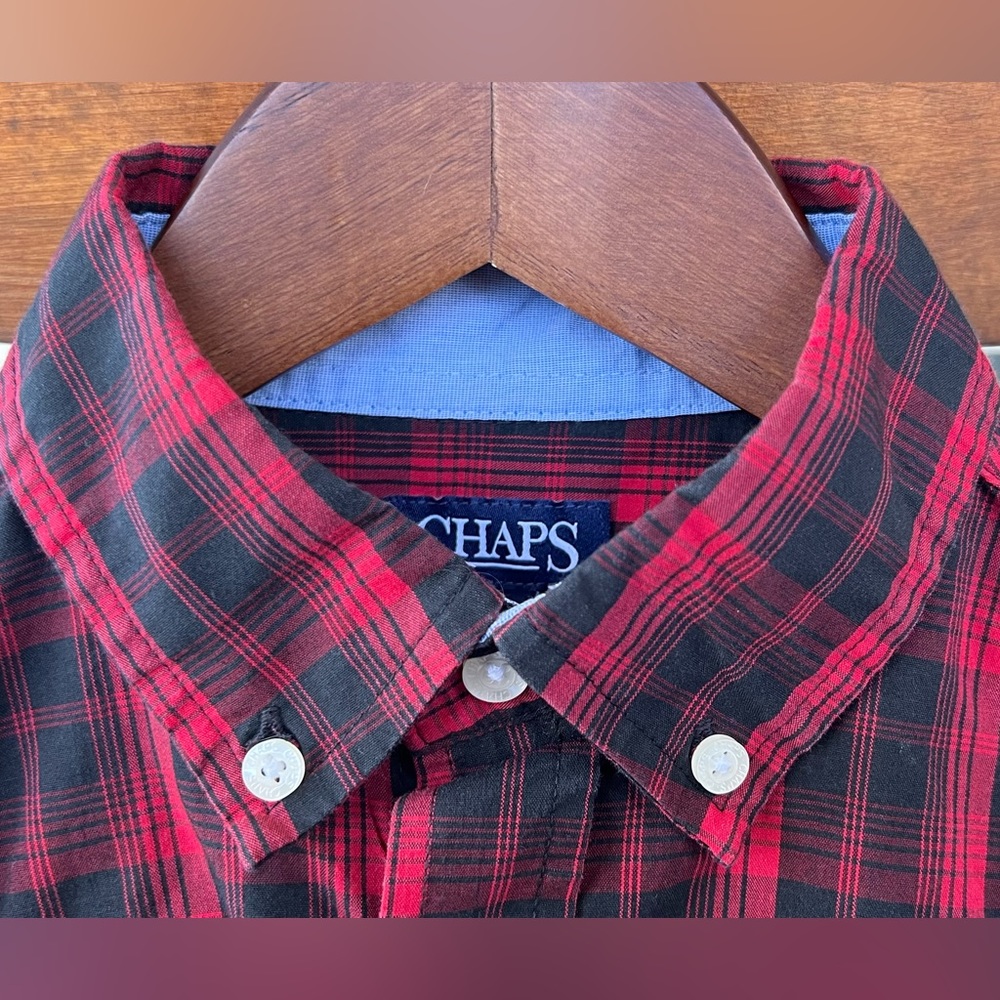 Chaps Boys Red and Black Plaid Long Sleeve Button Up Shirt Size Large 14-16